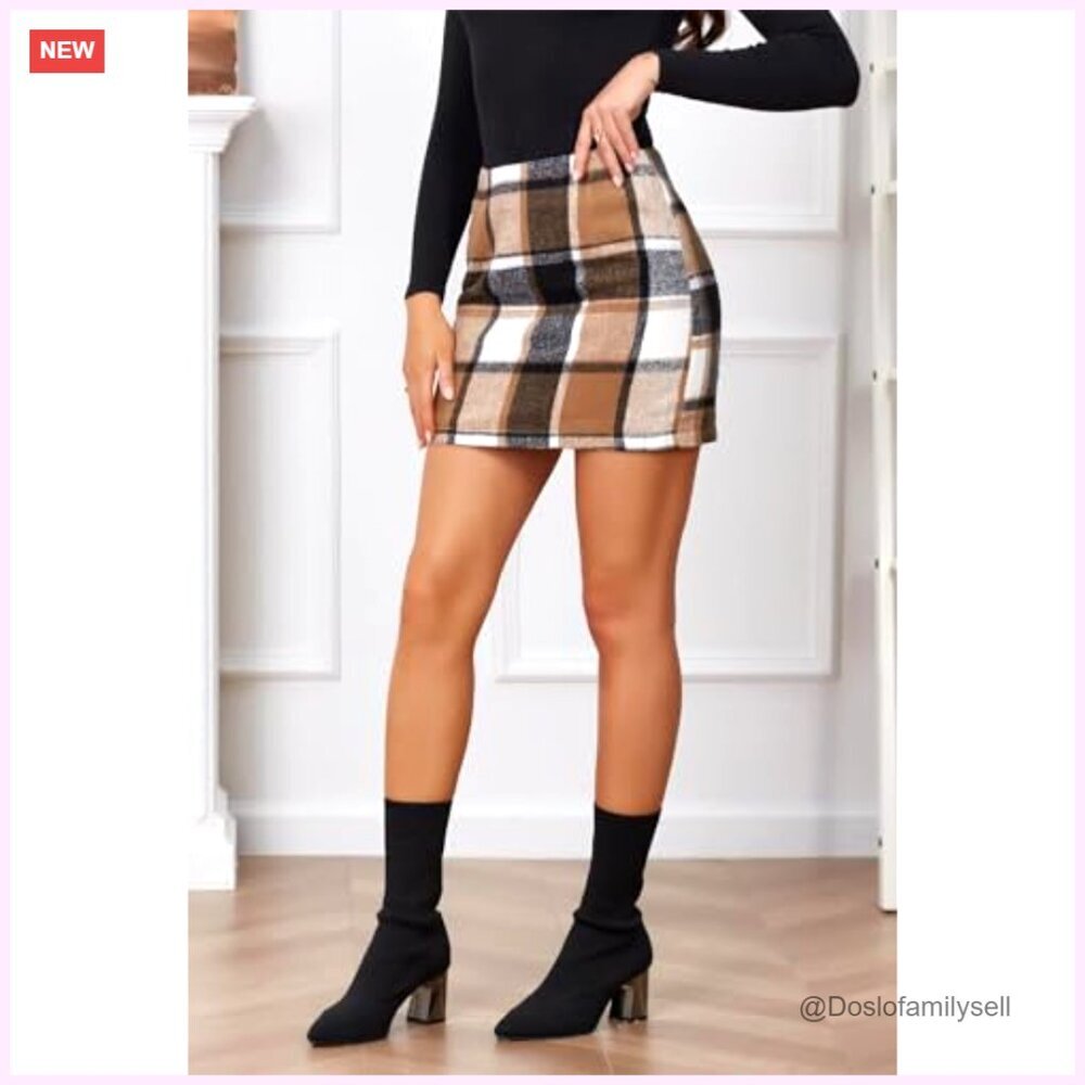 High Waist Wool Plaid Mini Skirt Bodycon Pencil Fit Casual Slim - Picture 3 of 6